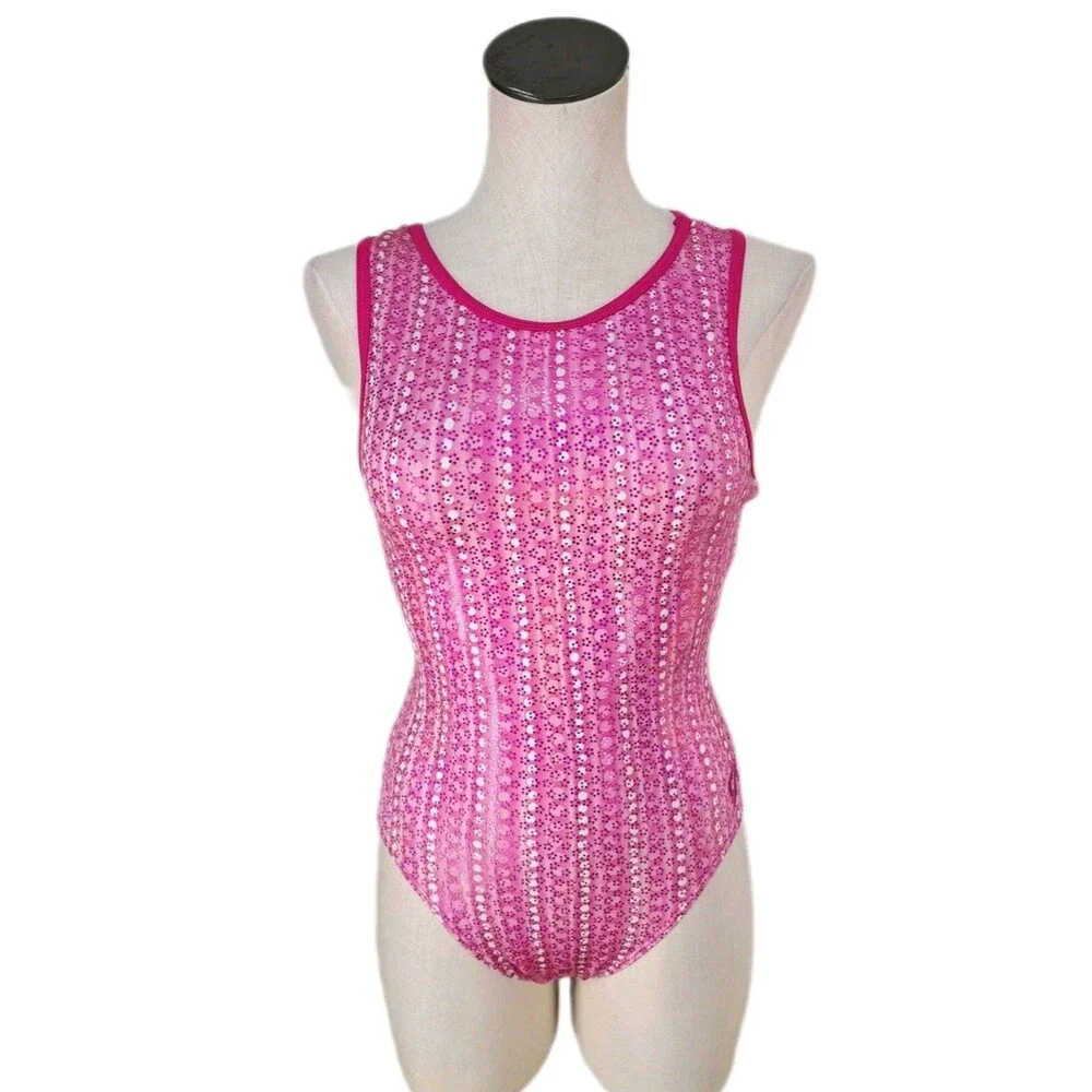 GK Elite VTG Pink Dots Keyhole Racerback Tank Leotard Glittery Size AL Adult L - Picture 2 of 16